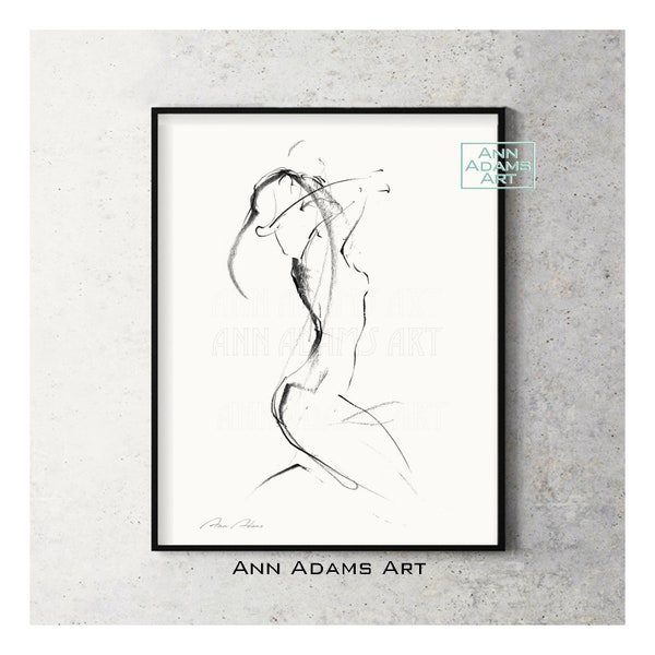Nude Female Figure Drawing Minimalist art simple line illustration Print from Original abstract by Ann Adams, 32
