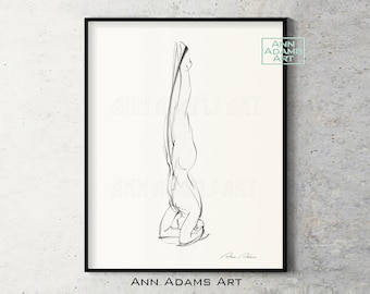 Yoga art sketch, abstract art, Minimalist Black and white Peacock pose Yoga print from Original artwork by Ann Adams, Y7