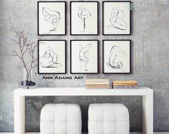 Set of 6, Yoga pose wall art, Yoga sketches Yoga drawings Yoga art prints from Original art by Ann Adams, Y12, 10, 9, 2R, 11L, 5R