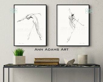 Set of 2, Ballerina Figure Drawings Abstract Sketches Black and White Dance Fine Art Prints from Original Art by Ann Adams, 19R-18L