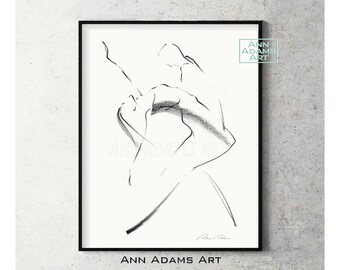 Tango Dance Art Movement Minimalist Drawing Black and White art Illustrations Charcoal Sketch Prints from Original art by Ann Adams, 42L