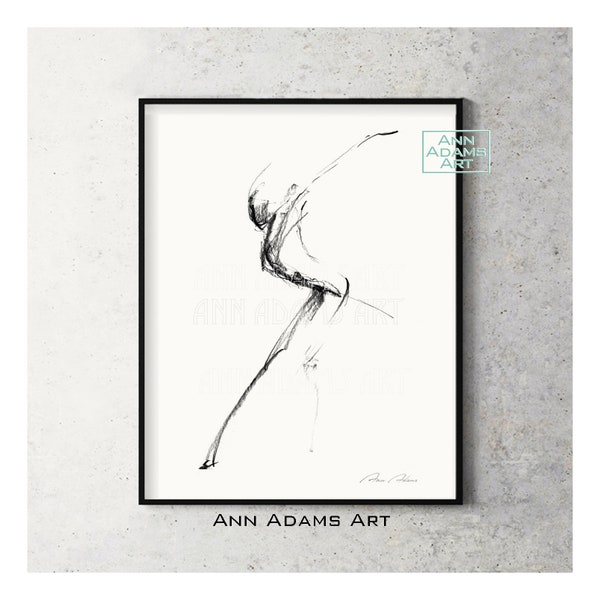 Charcoal Figure drawing, abstract art female dance movement art, Minimalist artwork, Print from original sketch by Ann Adams, 38L