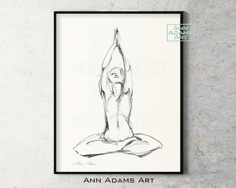 Lotus pose meditation, Yoga art Charcoal drawing, yoga poster Yoga print, Black and white, Art print from Original artwork by Ann Adams, Y1