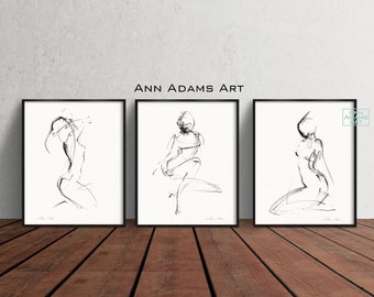 Set of 3,Abstract art nude female figure drawing minimalist sketch black and white art prints from original Nude art by Ann Adams, 32-9-35L