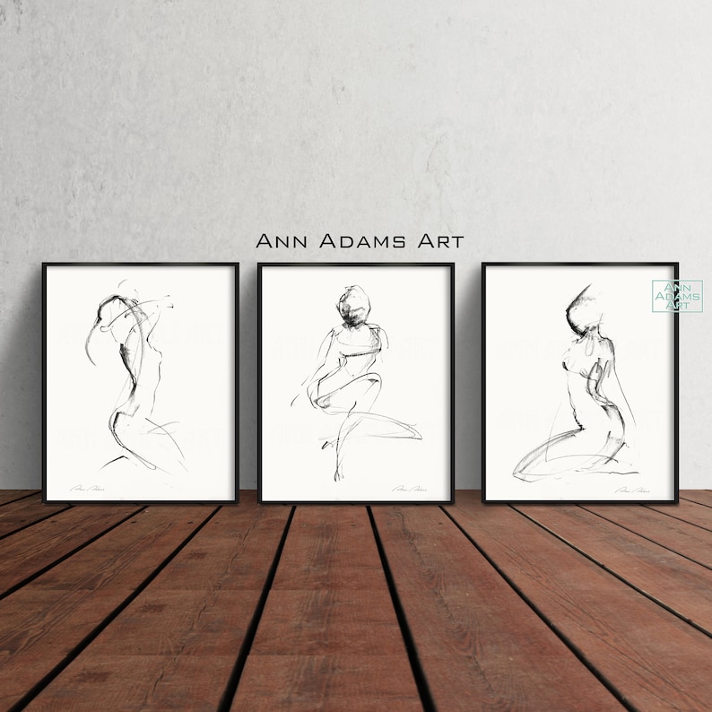 Set of 3,Abstract art nude female figure drawing minimalist sketch black and white art prints from original Nude art by Ann Adams, 32-9-35L 