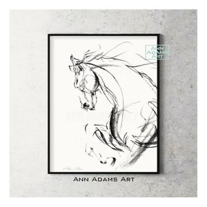 Abstract print Horse sketch black and white minimalist horse art print from original Charcoal abstract painting / drawing by Ann Adams, H7L