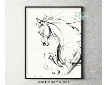 Abstract print Horse sketch black and white minimalist horse art print from original Charcoal abstract painting / drawing by Ann Adams, H7L