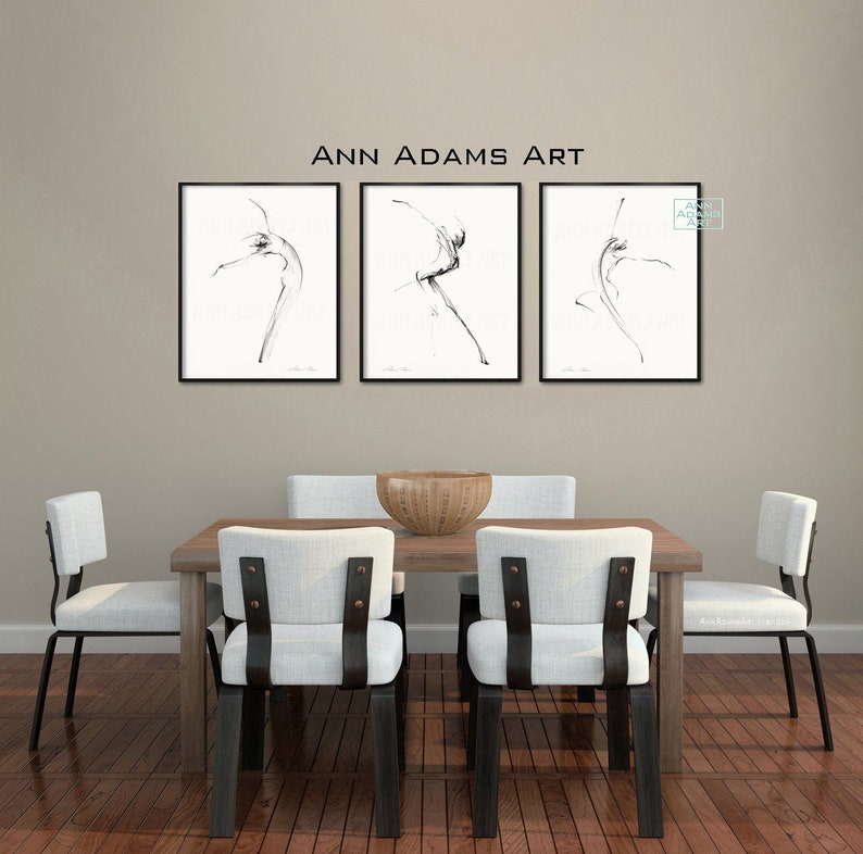 Set of 3, Figure drawing abstract dance sketch black and white dancer art minimalist art prints from original art by Ann Adams 22-38R-10L image 1