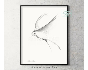 Sketch art Abstract Black and White minimalist, Flying Bird art print from Original drawing by Ann Adams, B2