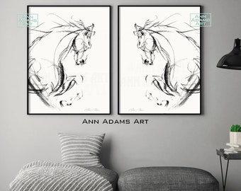 Set of 2, Horse Art Prints from Original Charcoal Sketch Abstract Black and White Horse Drawing Abstract art by Ann Adams, H7R-H7L