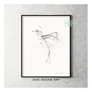 Bird drawing abstract art print minimalist, Hummingbird sketch, bird art print from original by Ann Adams, B8L