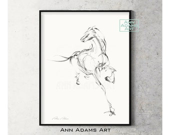 Horse print Horse sketch, Wall decor Black and white minimalist Abstract art print from original drawing horse art by Ann Adams, H3