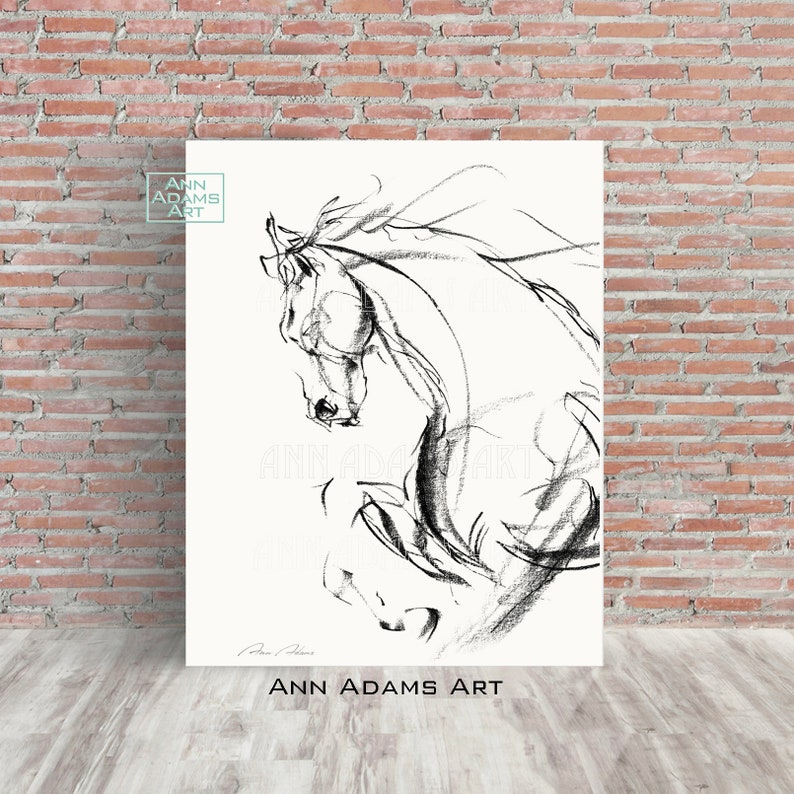 Abstract print Horse sketch black and white minimalist horse art print from original Charcoal abstract painting / drawing by Ann Adams, H7L image 2