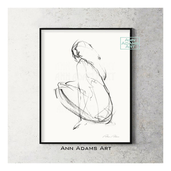 Female Figure charcoal drawing Minimalist Art Black and White abstract Nude illustration Print from Original Artwork by Ann Adams, 06L