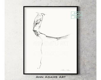 Ballerina Dancer Art Drawing, Dance Figure, Minimalist, Black Charcoal Sketch, Art Print from Original Abstract Artwork by Ann Adams, 17L