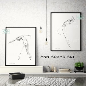 Set of 2, Dance Figure sketch, Ballet Minimalist Art Black and White abstract art Print from Original charcoal drawing by Ann Adams, 19R-12L