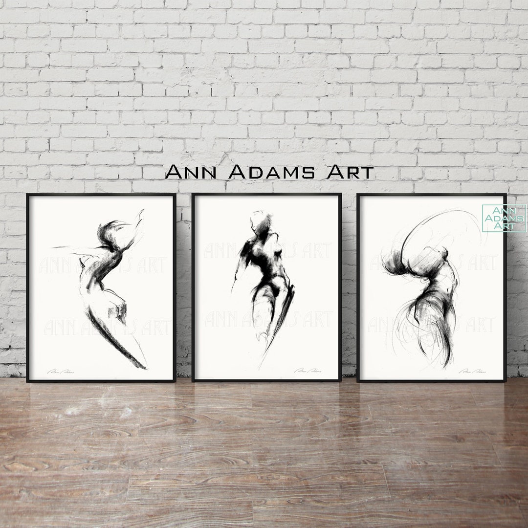 Set Of Abstract Art Nude Charcoal Drawing Minimalist Sketch Wall Art