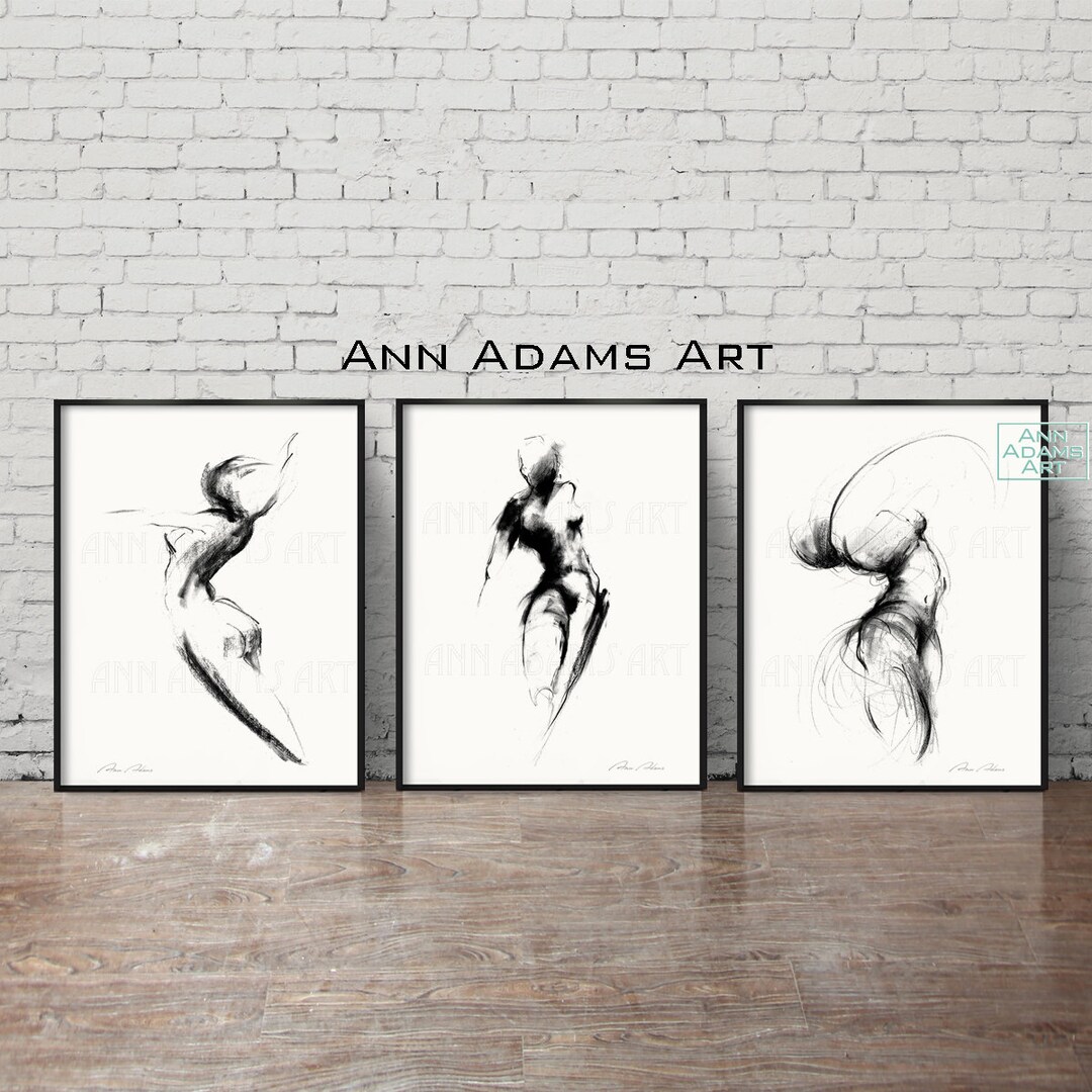Set Of 3 Abstract Art Nude Charcoal Drawing Minimalist Sketch Wall Art 