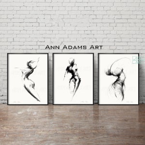 Set of 3, Abstract art nude charcoal drawing minimalist sketch wall art female figure art prints from original art by Ann Adams, 28L-26R-29R image 1