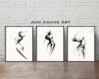 Set of 3, Abstract art nude charcoal drawing minimalist sketch wall art female figure art prints from original art by Ann Adams, 28L-26R-29R
