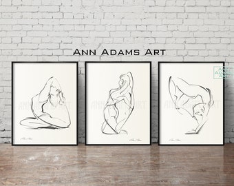 Set of 3, Yoga pose wall art, Yoga gift, Minimalist Black and white Yoga art prints from Original art sketches by Ann Adams, Y5R-Y7-Y12