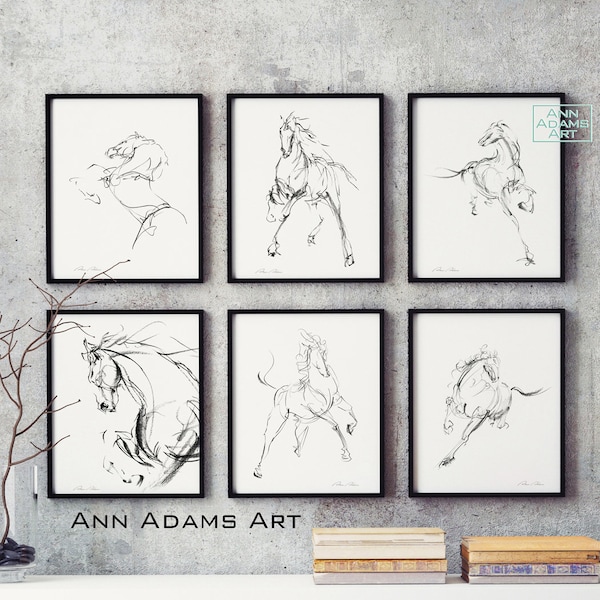 Set of 6, Horse Art Prints from Original Charcoal Sketch Abstract Horse Drawing Black Abstract art by Ann Adams, H1-8-3-7L-4-2