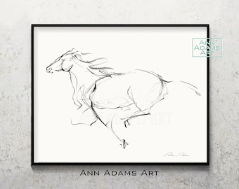 Charcoal abstract painting Horse print Running Horse art print from original drawing Black and white Horse sketch by Ann Adams, H6