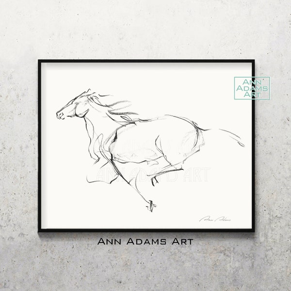 Charcoal abstract painting Horse print Running Horse art print from original drawing Black and white Horse sketch by Ann Adams, H6