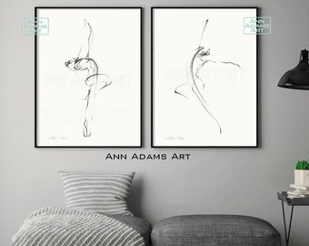 Set of 2, drawing dance sketch minimalist female figure ballet abstract art simple line, art prints from original by Ann Adams, 34-10L