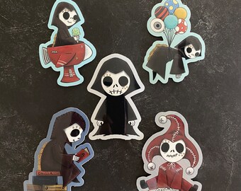 Grimm Stickers - Weatherproof Vinyl - Halloween Grim Reaper Goth Creepy Cute Fantasy Art