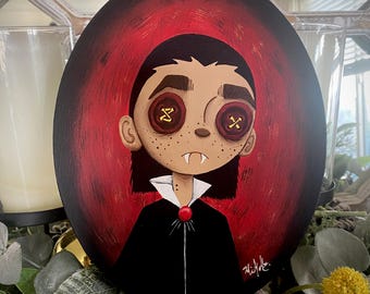 Dracula Kid - Original Acrylic Painting - Halloween Vampire Button Eyes Gothic
