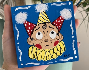 Cute Clown - ORIGINAL Acrylic Painting on Wood Block