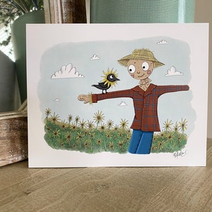 Friendship - Art Print - Original Illustration - Scarecrow and crow - Cute Cartoon Whimsical