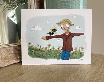 Friendship - Art Print - Original Illustration - Scarecrow and crow - Cute Cartoon Whimsical