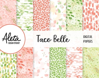 TACO BELLE - Papeles digitales dibujados a mano Patrones Planificador Pegatinas Arte pintura abstracta suroeste camión de comida arte rosa verde oro brillo