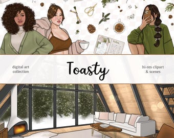 TOASTY - Cabaña acogedora de invierno Lectura Manualidades Lindo Clip Art digital dibujado a mano Ilustraciones Planificador Pegatinas Clipart