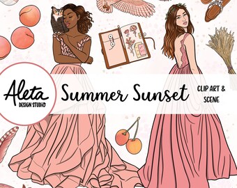 PUESTA DE SOL DE VERANO - Dibujado a mano Digital Clip Art Verano Otoño Otoño Arte Planificador Pegatinas Moda Chicas oro rosa búho pastel descarga de ensueño