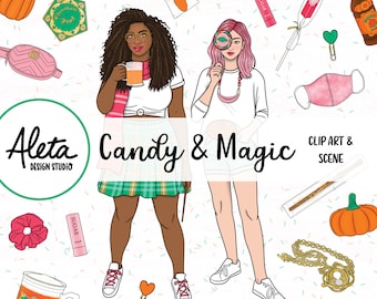 CANDY & MAGIC - Magical Wizarding World Dibujado a mano Digital Clip Art Artwork Planner Stickers Fashion Girls Witch Wizard Halloween Magic HP