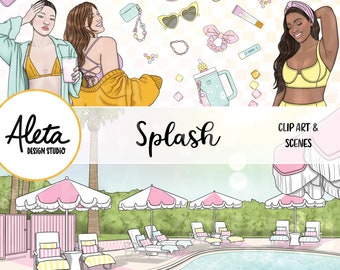 SPLASH - Pool Day Summer Break Swim Vacation Tropical Cute Pretty Hand Drawn Digital Clip Art Artwork Planner Stickers tema rosa azul