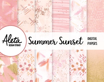 PUESTA DE SOL DE VERANO - Papeles digitales dibujados a mano Patrones Planificador Pegatinas Arte Verano Otoño Otoño pintura abstracta arte rosa melocotón oro