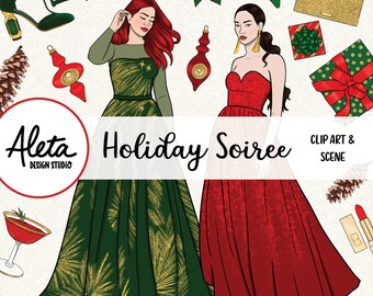 SOIREE DE VACACIONES - Fiesta de Navidad Dibujado a mano Digital Clip Art Artwork Planner Pegatinas Fashion Girls rojo verde oro brillo bastante elegante
