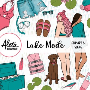 LAKE MODE - Hand Drawn Digital Clip Art Lake Summer Vacation Camping Outdoors Boat Cabin Artwork Planner Stickers Fashion Girls