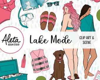 MODO LAGO - Dibujado a mano Digital Clip Art Lago Vacaciones de Verano Camping Al Aire Libre Barco Cabina Arte Planificador Pegatinas Moda Chicas