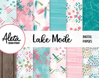 MODO LAGO - Papeles digitales dibujados a mano Patrones Planificador Pegatinas Arte Verano Agua Camping Pesca Al aire libre Barco pintura abstracta arte