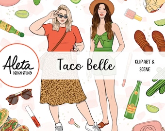 TACO BELLE - Southwest Hand Drawn Digital Clip Art Artwork Planner Pegatinas Fashion Girls taco truck verano primavera rosa verde oro brillo