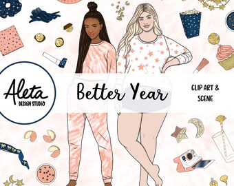 MEJOR Año - La víspera de Año Nuevo dibujado a mano Digital Clip Art Planificador de arte pegatinas moda niñas NYE 2021 estrellas de oro rosa tie dye party años