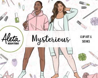 MISTERIOSO - True Crime Fan Murder Doc Movie Night Acogedor dibujado a mano Digital Clip Art Artwork Planner Pegatinas Moda rosa pastel azul tema