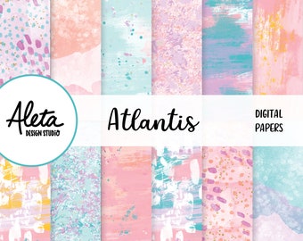 ATLANTIS - Sirena dibujado a mano Digital Clip Art Artwork Planner pegatinas Moda rosa azul océano peces acuáticos pirata mágico pastel brillante