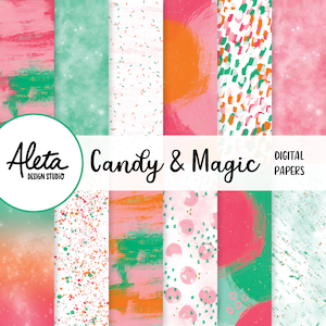 May include: A set of 10 digital papers featuring a variety of colorful patterns, including pink, green, orange, and white. The patterns include confetti, brushstrokes, and polka dots. The papers are labeled "Candy & Magic" and are perfect for crafting and scrapbooking.