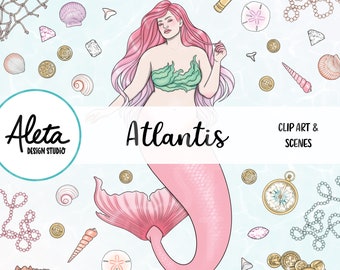 ATLANTIS - Sirena Mar Acuático Océano Mágico Místico Bonito Dibujado a Mano Digital Clip Art Artwork Planner Pegatinas Moda tema azul rosa